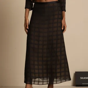 Pure Siden High-Waist A-Linje Texturerad Rutmönster Lång Kjol Med Bakre Dragkedja