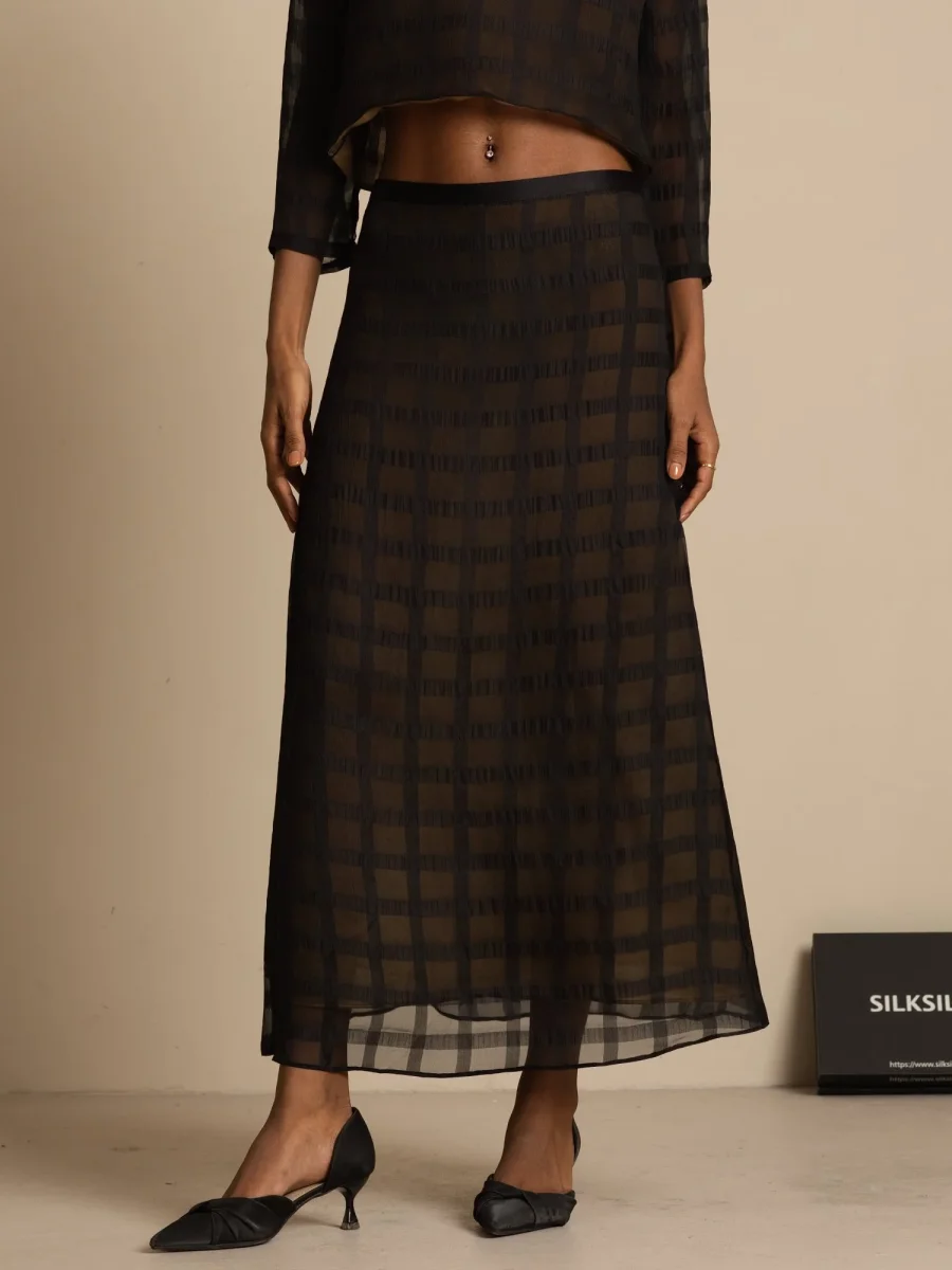 Pure Siden High-Waist A-Linje Texturerad Rutmönster Lång Kjol Med Bakre Dragkedja