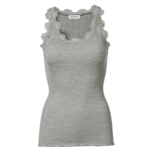 Rosemunde Classic silk top with lace Light Grey Melange