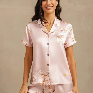 19Momme Dam Ren Siden Kortärmad Notch Krage Trana Tryck Pyjamas Set