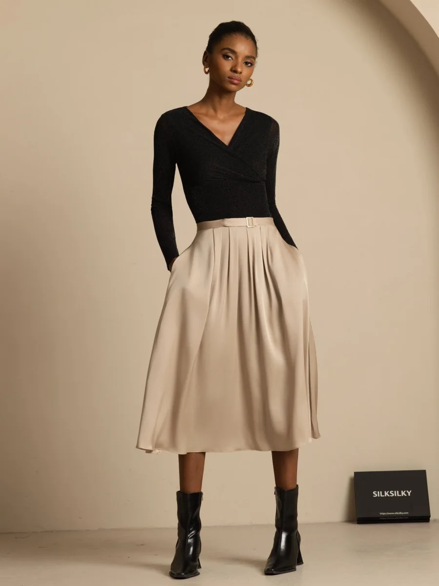 19Momme Siden High Waist A-Linje Plisserad Midi Kjol med Fickor - Bild 7