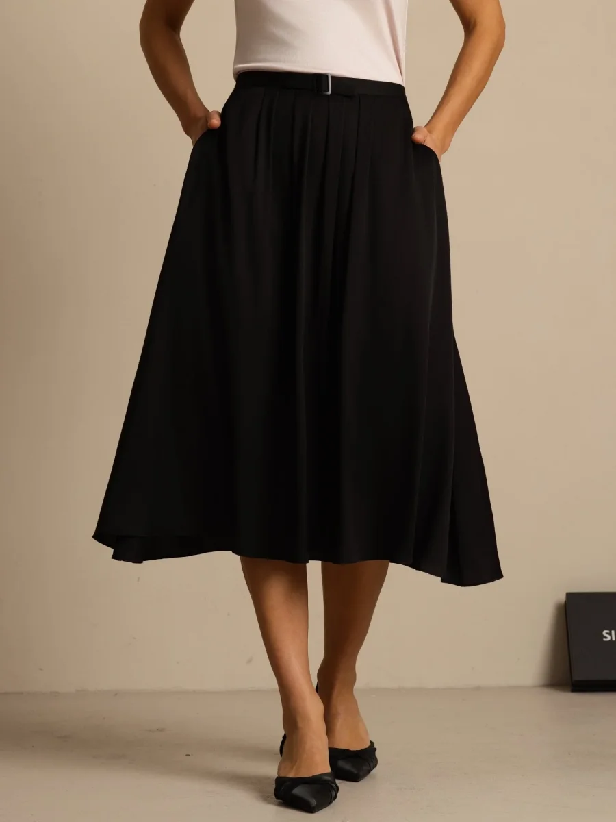 19Momme Siden High Waist A-Linje Plisserad Midi Kjol med Fickor - Bild 9