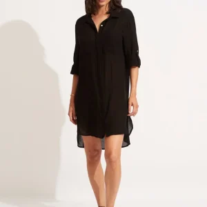 Seafolly Crinkle twill beach shirt Black