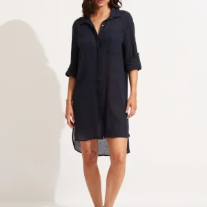 Seafolly Crinkle twill beach shirt Indigo