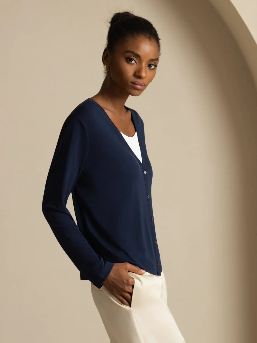 Pure Silk Dam V-Hals Långärmad Basic Kofta - Bild 6