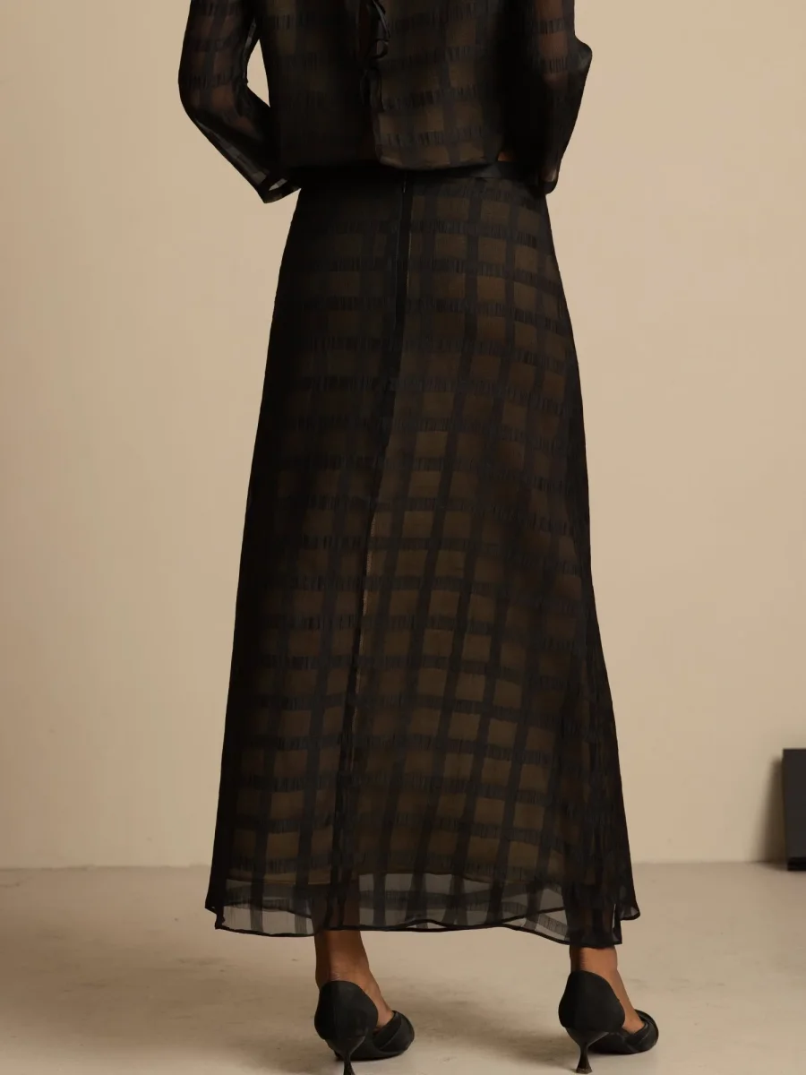 Pure Siden High-Waist A-Linje Texturerad Rutmönster Lång Kjol Med Bakre Dragkedja - Bild 3