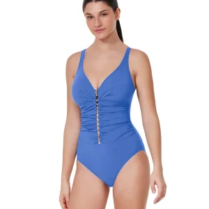 Profile By Gottex Tutti Frutti D-Cup V-Neck Gold Beaded One Piece Hamptons Blue