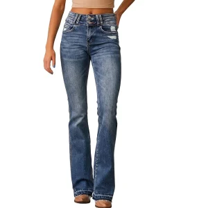 Bootcut-jeans med hög midja och fransig fåll för dam