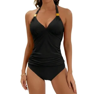 Dam tankini med halterneck, v-ringning och rynkade detaljer