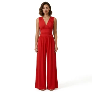 Damernas ärmlösa jumpsuit med v-ringning och vida ben