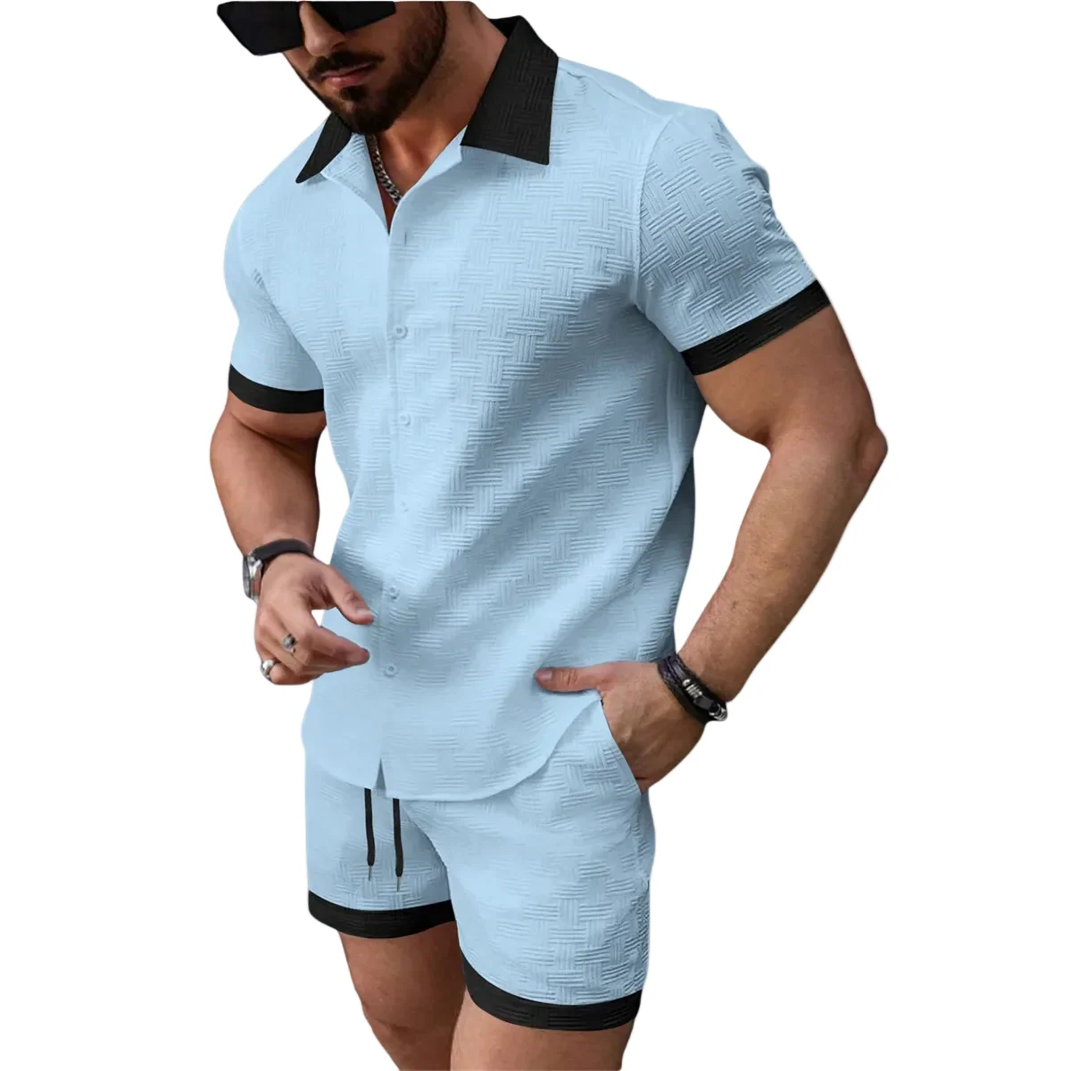 Herr tvådelat set med kortärmad skjorta med knappar och shorts med elastisk midja och dragsko - Bild 2
