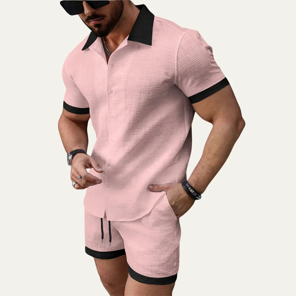Herr tvådelat set med kortärmad skjorta med knappar och shorts med elastisk midja och dragsko - Bild 5
