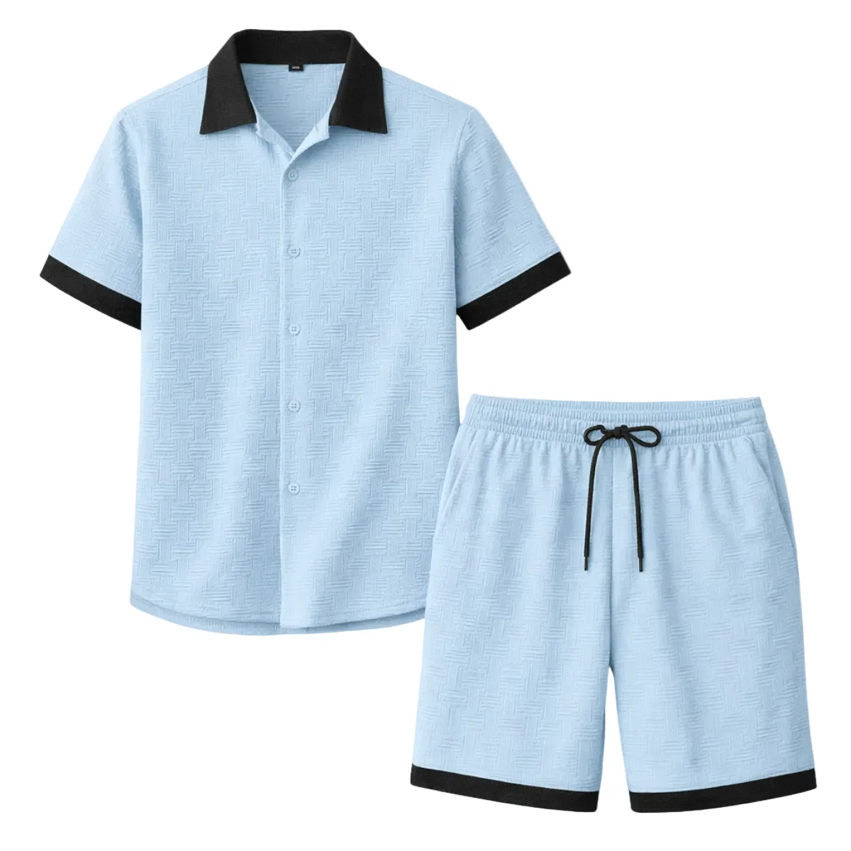 Herr tvådelat set med kortärmad skjorta med knappar och shorts med elastisk midja och dragsko - Bild 7
