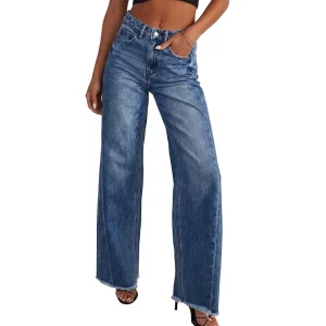 Högmidjade vida jeans med rå fåll för dam