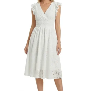 Midi-klänning med broderie anglaise och smockad midja för dam