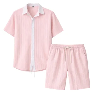 Randigt set med skjorta och shorts för herr