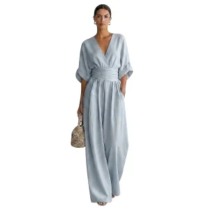 V-ringad jumpsuit med vida ben och midjeband för dam